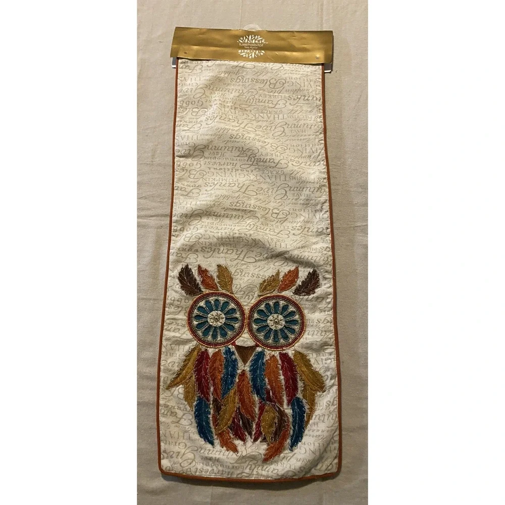 NWT Luxe Habitat Table Runner Boho Beaded Embroidered Owl Thanksgiving Fall